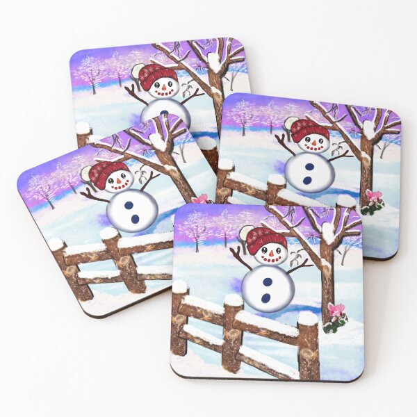 Item preview, Snowman Felicidades wearing winter Festive holiday season red hat  in tranquil winter snow designed and sold by Artonmytee.