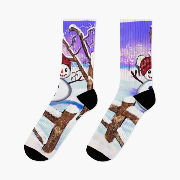 Item preview, Snowman Felicidades wearing winter Festive holiday season red hat  in tranquil winter snow designed and sold by Artonmytee.