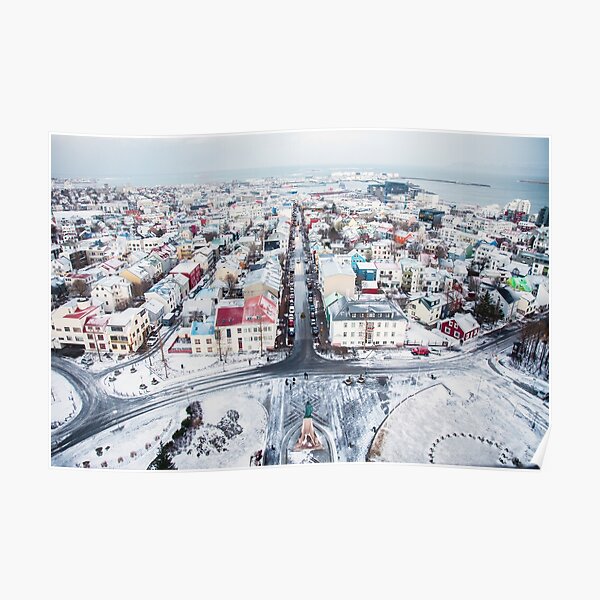View over Reykjavik from the clock tower, just after sunrise on a wintry day Poster