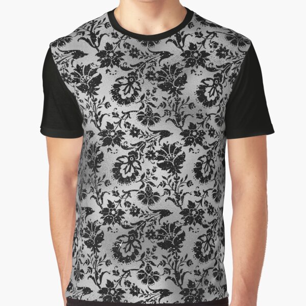 Black and Grey Floral Flourish Design Graphic T-Shirt