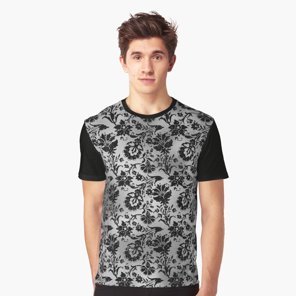 Black and Grey Floral Flourish Design Graphic T-Shirt