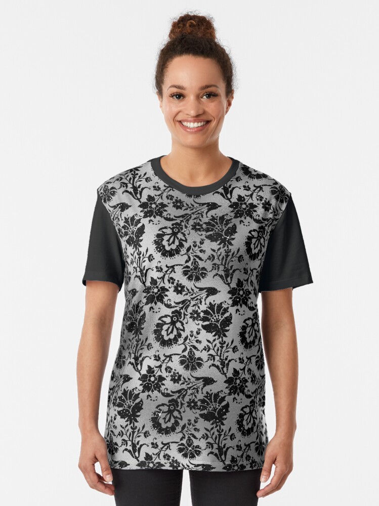 Alternate view of Black and Grey Floral Flourish Design Graphic T-Shirt