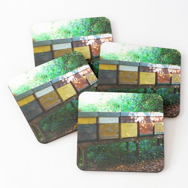 Item preview, many bee houses in a row, colored, in wood, in the woods, for honey in tuscany  designed and sold by alessiapenny.
