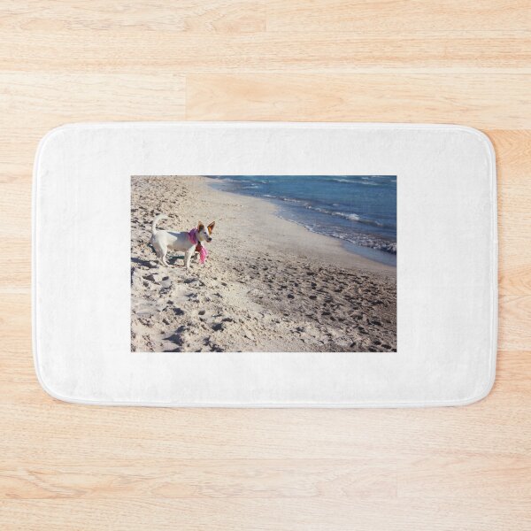 Item preview, white and brown female jack russell terrier puppy with pink bandana around her neck by the sea on a sandy beach designed and sold by alessiapenny.