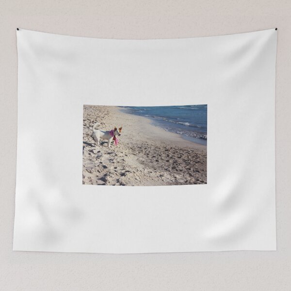 Item preview, white and brown female jack russell terrier puppy with pink bandana around her neck by the sea on a sandy beach designed and sold by alessiapenny.