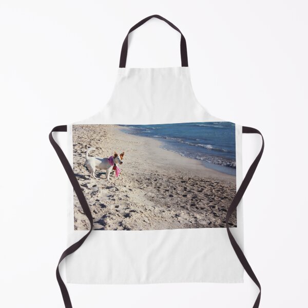 Item preview, white and brown female jack russell terrier puppy with pink bandana around her neck by the sea on a sandy beach designed and sold by alessiapenny.