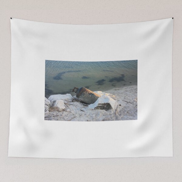 Item preview, old rusty gas cylinder abandoned to pollute white sand of the sea or river beach designed and sold by alessiapenny.