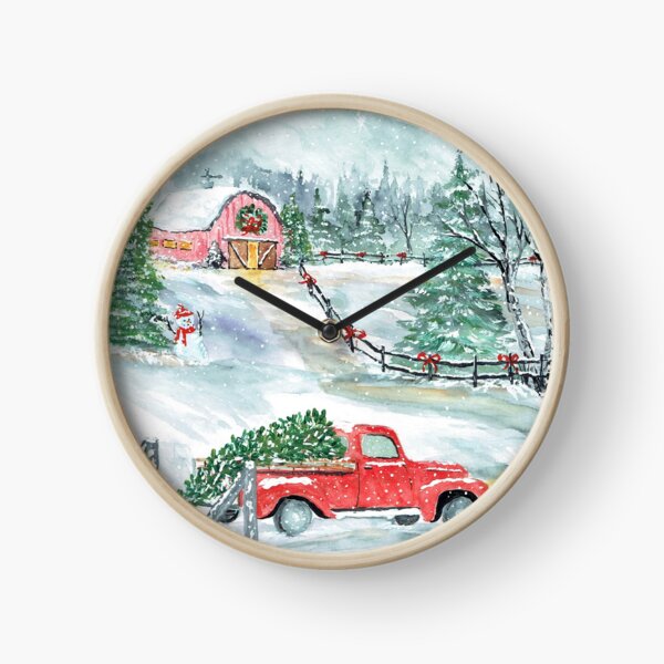 Red Truck Christmas Scene Clock