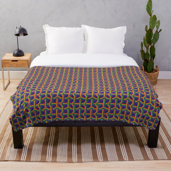 Scandi Midcentury Modern Retro Geometric Rainbow Grid Blue Checks Pattern Throw Blanket
