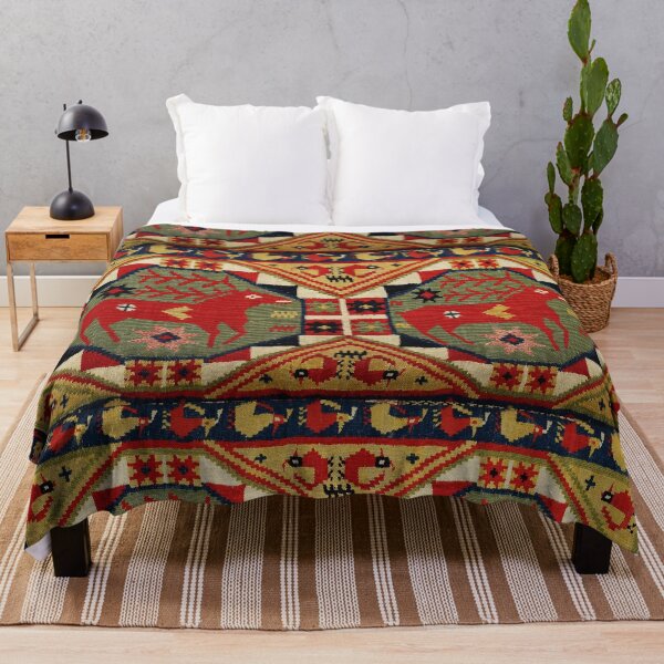 Item preview, GEOMETRICAL ANTIQUE SWEDISH TAPESTRY WITH RED DEERS AND BIRDS designed and sold by BulganLumini.