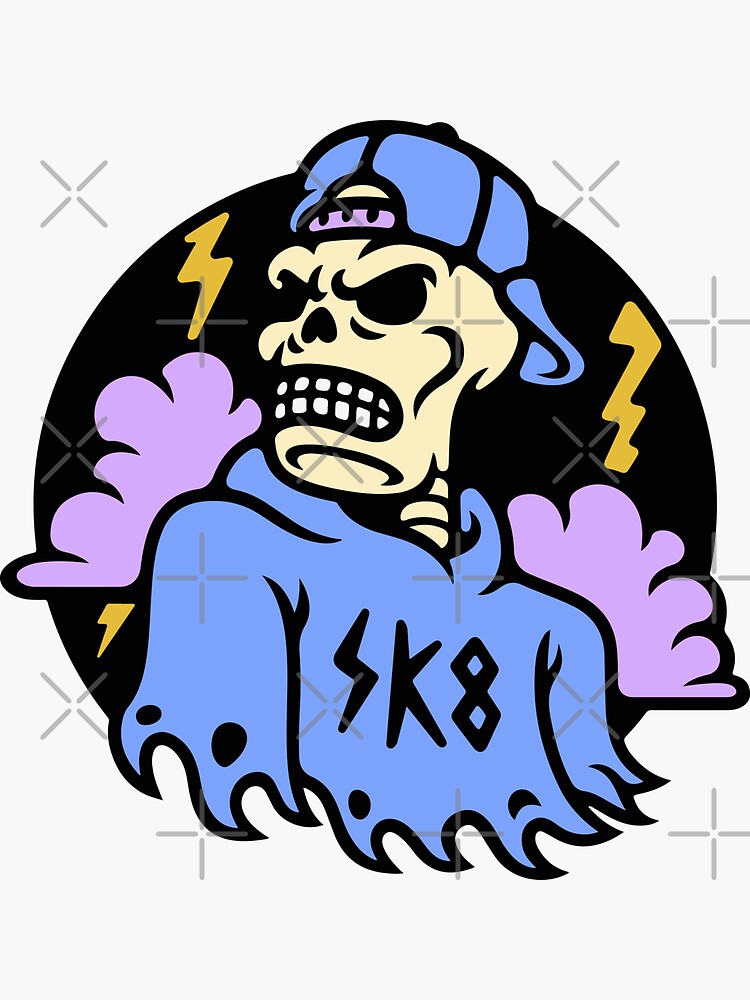 "Skater Skeleton with Storm Clouds, Backwards Cap & Hoodie" Sticker by