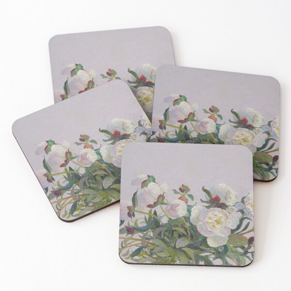 Item preview, white pionies on a pale-voilet background designed and sold by BenRikken.