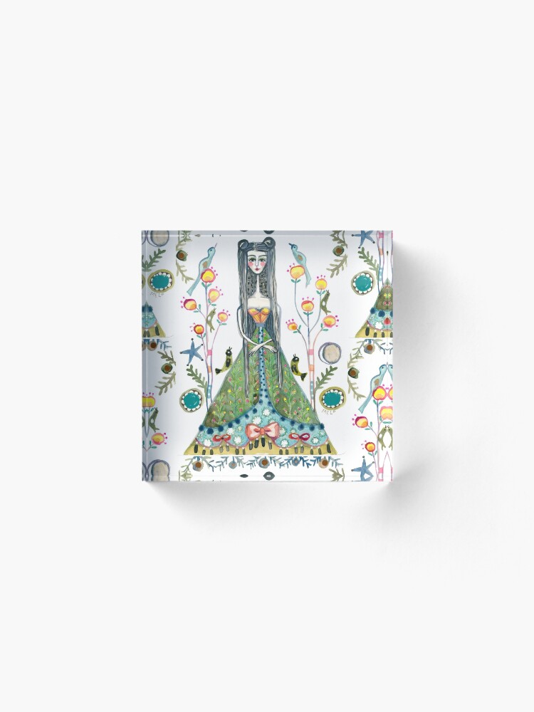 Alternate view of Long Hair Queen Mary of Scots portrait, Royal Woman, Floral background Acrylic Block