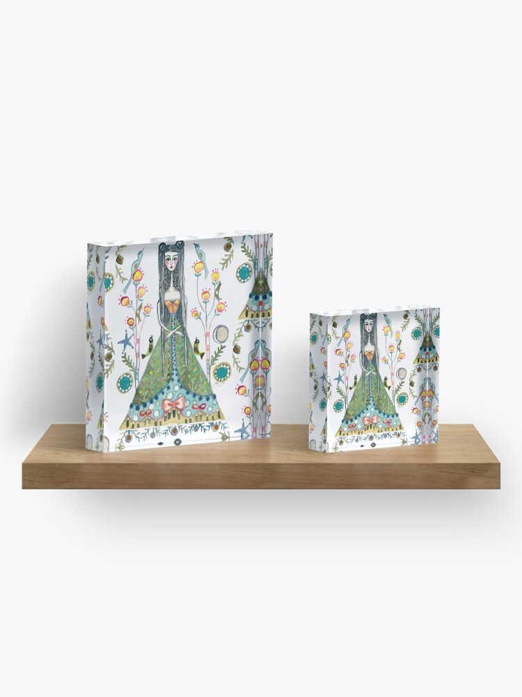 Alternate view of Long Hair Queen Mary of Scots portrait, Royal Woman, Floral background Acrylic Block
