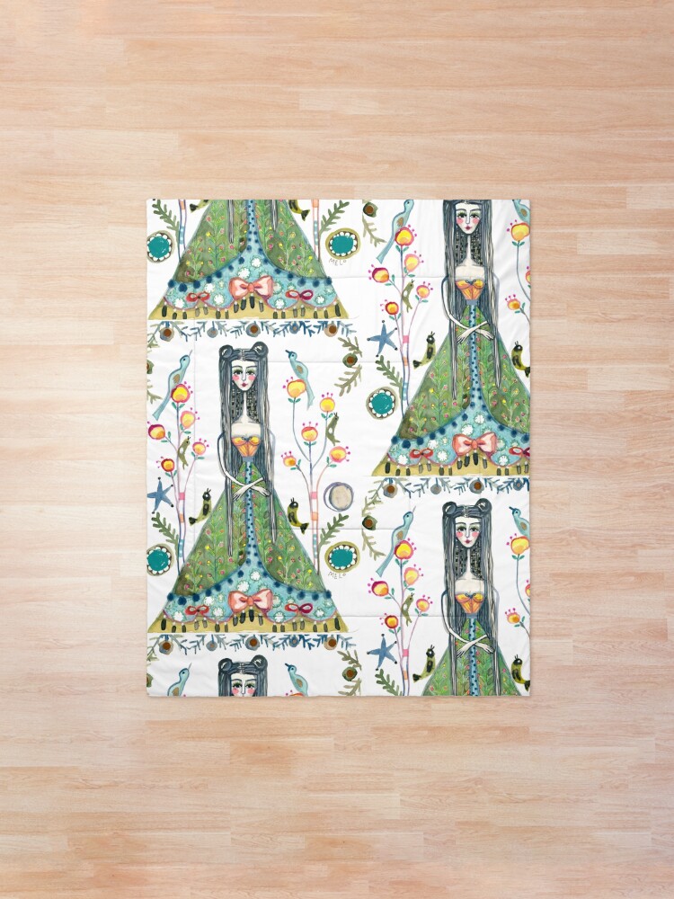 Alternate view of Long Hair Queen Mary of Scots portrait, Royal Woman, Floral background Comforter