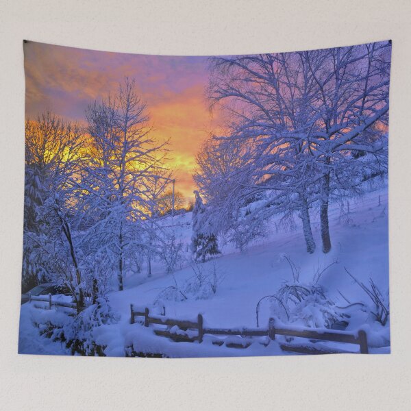 Item preview, Sunset, winter, trees, nature, landscape, sunrise, sun, blue, explore, snow, mountains, ski, designed and sold by prteacool.