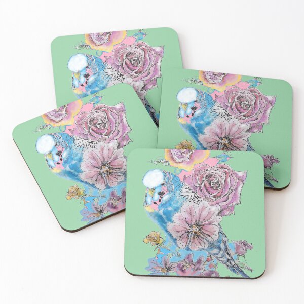 Item preview, Blue Budgie and Rose Watercolor Painting on Green designed and sold by Sarah  Rajkotwala.