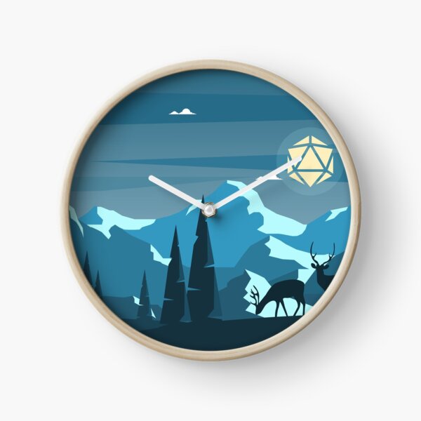 Night Mountain Hike Polyhedral D20 Dice Moon with Deers RPG Landscape Clock
