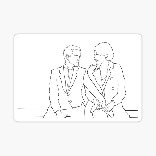 Vista previa del artículo con la obra «Dibujo lineal de Fleabag y el sacerdote sexy: escena de la parada de autobús: pasará - Phoebe Waller-Bridge Andrew Scott», diseñado y vendido por Sinead Ashcroft.
