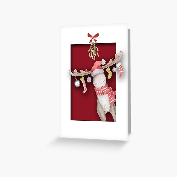 Aperçu de l'œuvre Carte de voeux de Noël orignal mignon avec gui créée et vendue par Ricaso.