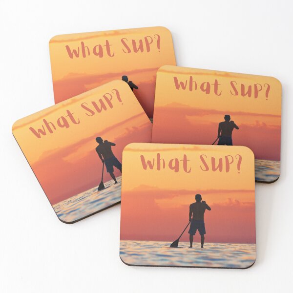 Artikelvorschau, Was ist los? (Männliche Stand-Up-Paddle-Boarder stehen beim Stand-Up-Paddleboarding). Lustiges Wortspiel. Vintage Sonnenuntergangsfarben entworfen und verkauft von JellyBeenzz.