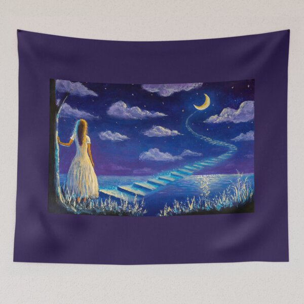 Item preview, Princess girl climbs magic steps to moon in night seascape designed and sold by rybakowvalery.