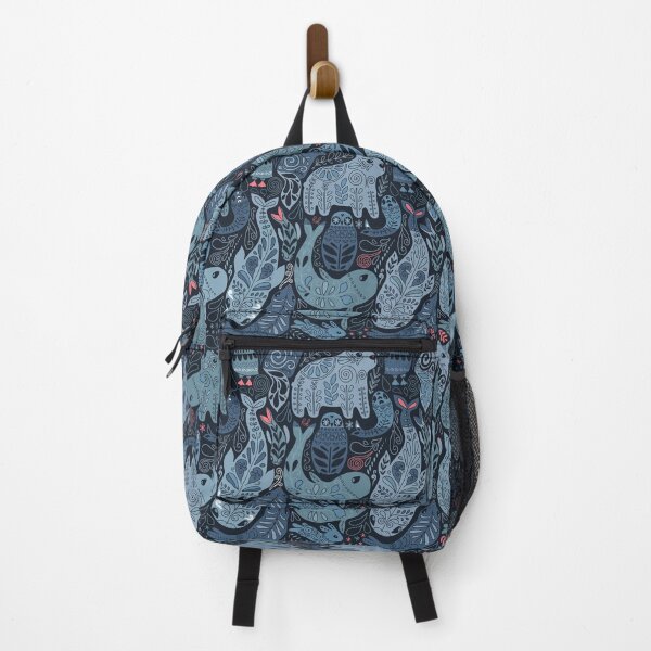 Arctic animals. Narwhal, polar bear, whale, puffin, owl, fox, bunny, seal. Backpack