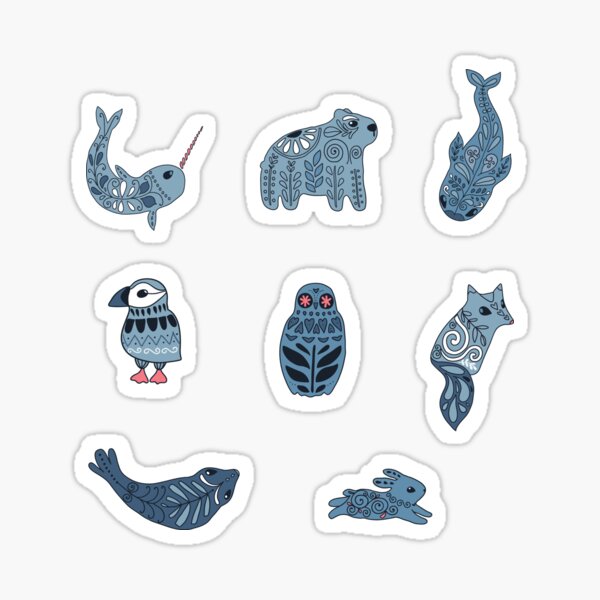 Arctic animals. Narwhal, polar bear, whale, puffin, owl, fox, bunny, seal. Sticker