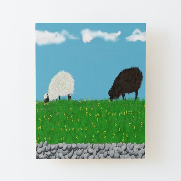 One black one white sheep grazing in the meadow Wood Mounted Print