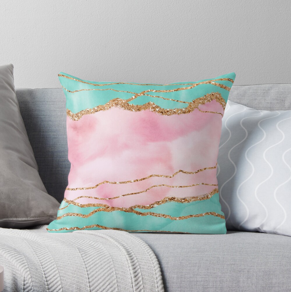 Girly Trend Pink And Ocean Green Marble Landscape Throw Pillow