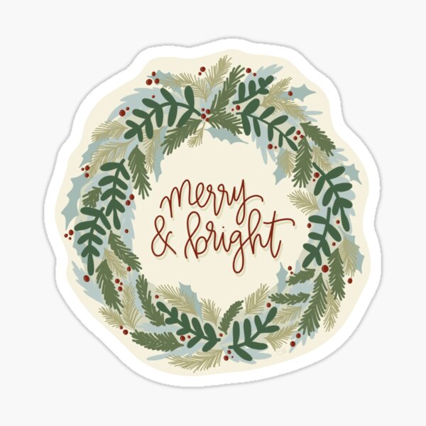 Xmas Wreath - "Merry & Bright" Glossy Sticker