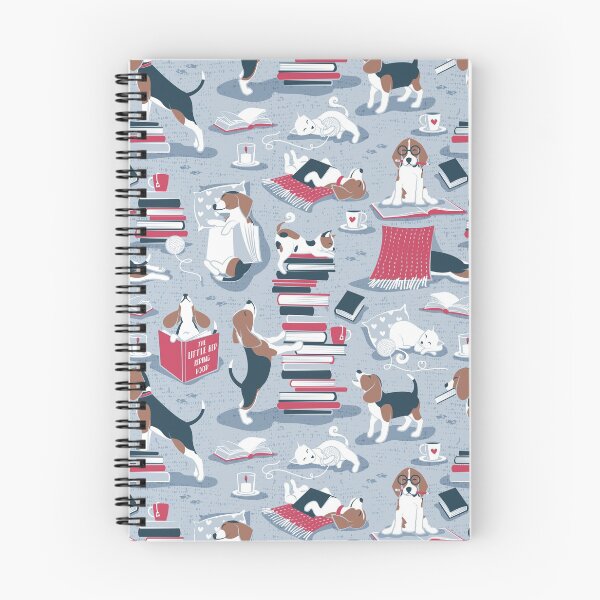 Item preview, Life is better with books a hot drink and a friend // blue background brown white and blue beagles and cats and red cozy details designed and sold by SelmaCardoso.