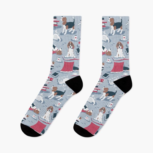 Item preview, Life is better with books a hot drink and a friend // blue background brown white and blue beagles and cats and red cozy details designed and sold by SelmaCardoso.