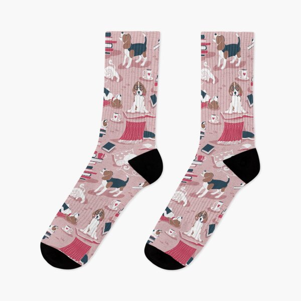 Item preview, Life is better with books a hot drink and a friend // pink background brown white and blue beagles and cats and red cozy details designed and sold by SelmaCardoso.