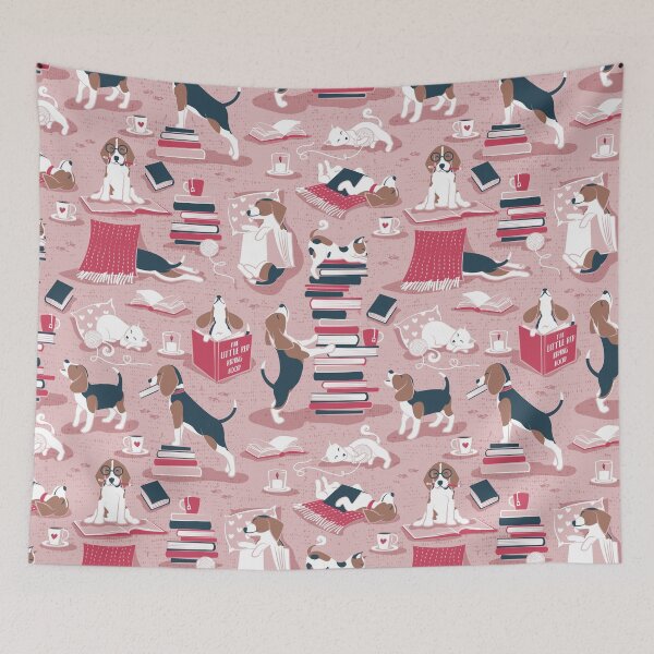 Item preview, Life is better with books a hot drink and a friend // pink background brown white and blue beagles and cats and red cozy details designed and sold by SelmaCardoso.