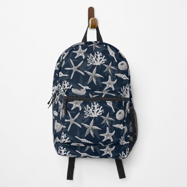 Item preview, dark blue background in nautical style with starfish seashells and corals designed and sold by Lana1512.