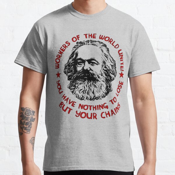 Vista previa del artículo con la obra «Trabajadores del mundo, uníos - Cita de Karl Marx, Socialista, Izquierdista», diseñado y vendido por SpaceDogLaika.