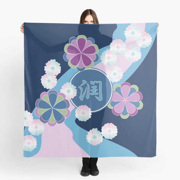 Japanese Chrysanthemums Floating Floral River Pink Blue Nagarekiku Scarf