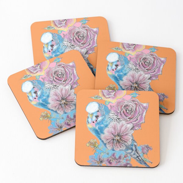 Item preview, Blue Budgie and Rose Watercolor Painting on Orange designed and sold by Sarah  Rajkotwala.