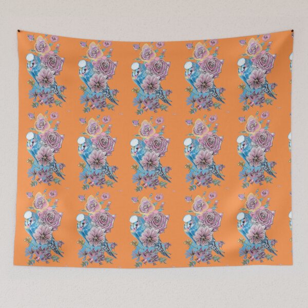 Item preview, Blue Budgie and Rose Watercolor Painting on Orange designed and sold by Sarah  Rajkotwala.