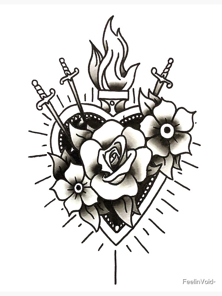 Sacred Heart black and Gray tattoo flash Stationery Cards by Rose