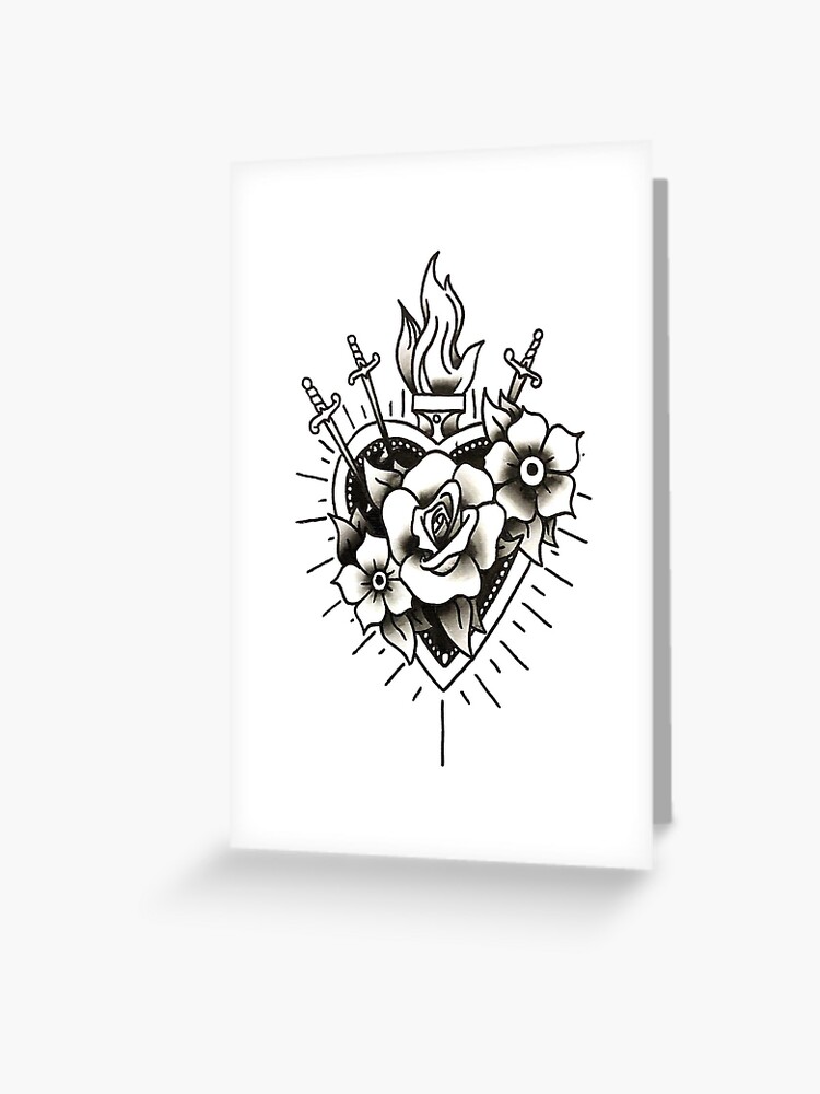 Sacred Heart black and Gray tattoo flash Stationery Cards by Rose