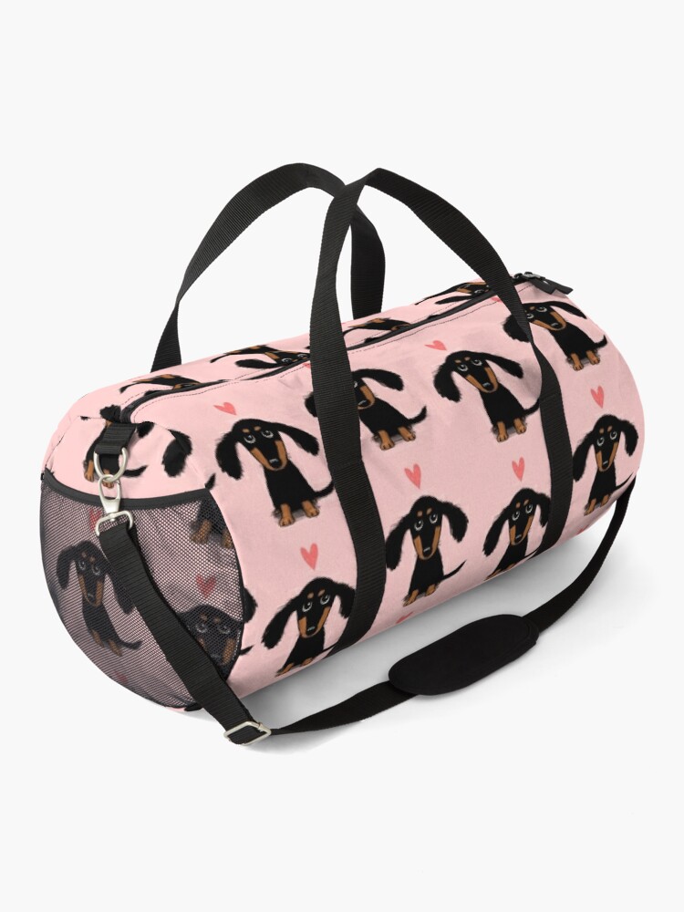 Alternate view of Dachshund Puppy Love | Cute Black and Tan Wiener Dog with Heart Duffle Bag