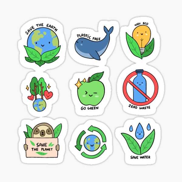 "Cute Zero waste, save the earth, reuse, reduce, recycle, stickers