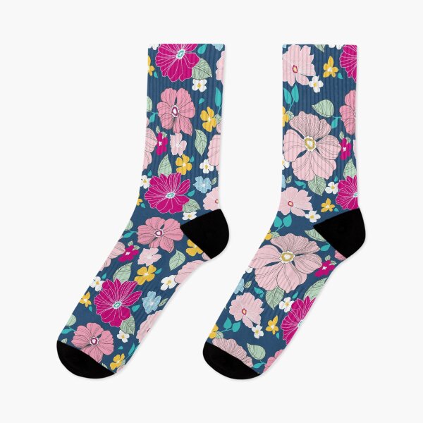Artikelvorschau, Dunkelblaues Gartenblumendruckmuster entworfen und verkauft von Moda-Moxie.