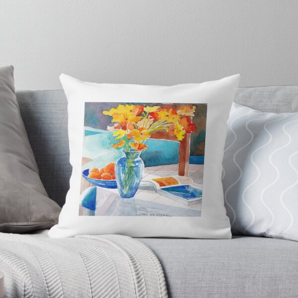 Poppies in a Blue Vase Throw Pillow