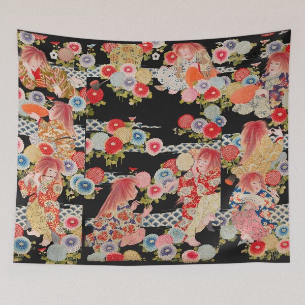 Item preview, ANTIQUE JAPANESE NOH THEATER COSTUME WITH FLOWERS ,MALE FIGURES AND FLUTE PLAYERS designed and sold by BulganLumini.