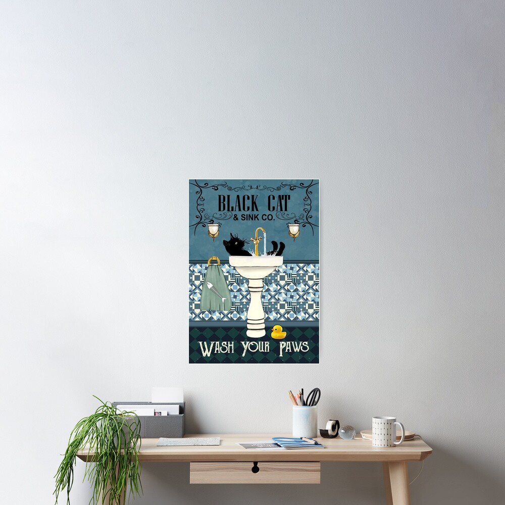 Black Cat Sink Co Wash Your Paws, Bathroom Decor, Black Cat Poster