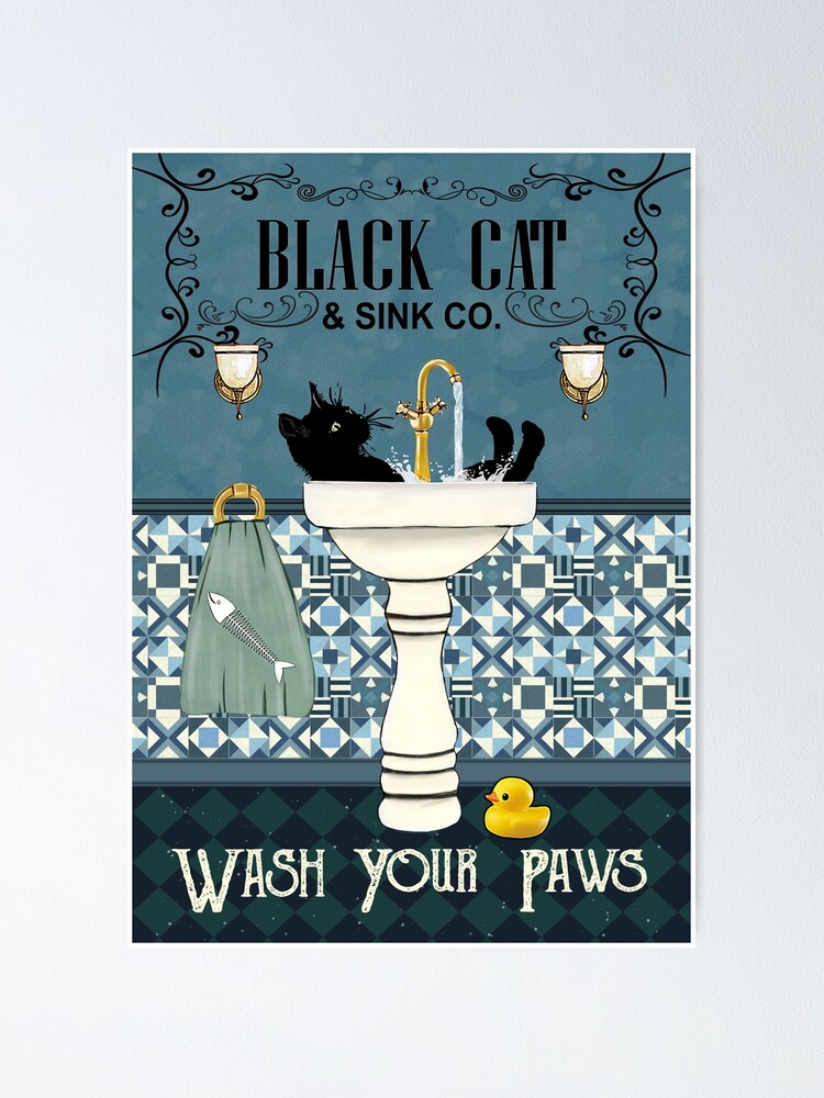 Alternate view of Black Cat Sink Co Wash Your Paws, Bathroom Decor, Black Cat Poster