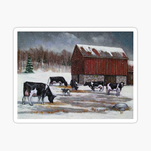 Item preview, Holstein Dairy Cows in Snowy Barnyard No. 2, Oil Pastel Painting designed and sold by JoyfulWhimsy.